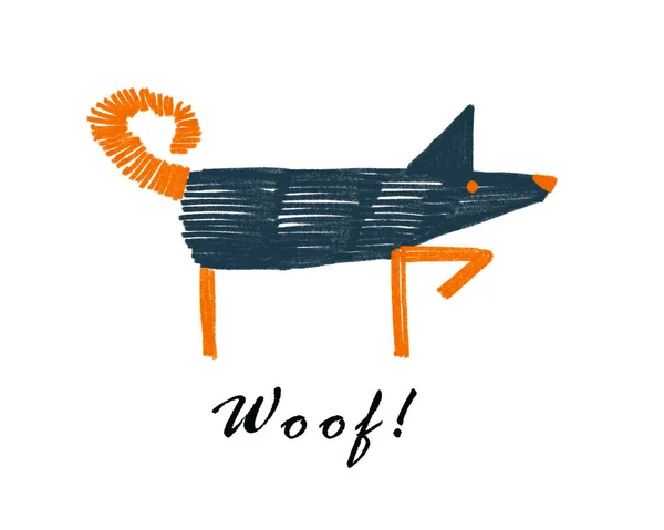 Ręcznie rysowane kolorowe proste ilustracje z uroczym psem i woof w skandynawskim stylu płaskiej kreskówki izolowane na białym tle. Graficzna pocztówka dla psów-bazgrołów. Odcisk psa. Słodkie zwierzę — Zdjęcie stockowe