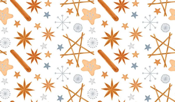 Aquarela jacaré inverno acolhedor padrão sem costura Ano Novo. Natal especiarias estrela anis canela. Desenhos animados lisos ilustrações de cookies, estrelas, galho estrela e flocos de neve isolados em fundo branco — Fotografia de Stock