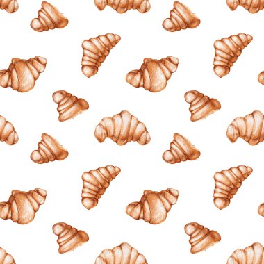 Beyaz zemin üzerinde izole edilmiş kahvaltı klip nesneleri. Geleneksel kahvaltı, öğle yemeği malzemesi kruvasan örnekleriyle suluboya kusursuz desen..