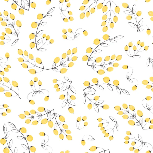 Акварельна рука намальована безшовним візерунком з ілюстрацією декоративної гілки з жовтими ягодами, ізольованими на білому тлі. Мила старовинна плоска природа і квітковий дизайн . — стокове фото