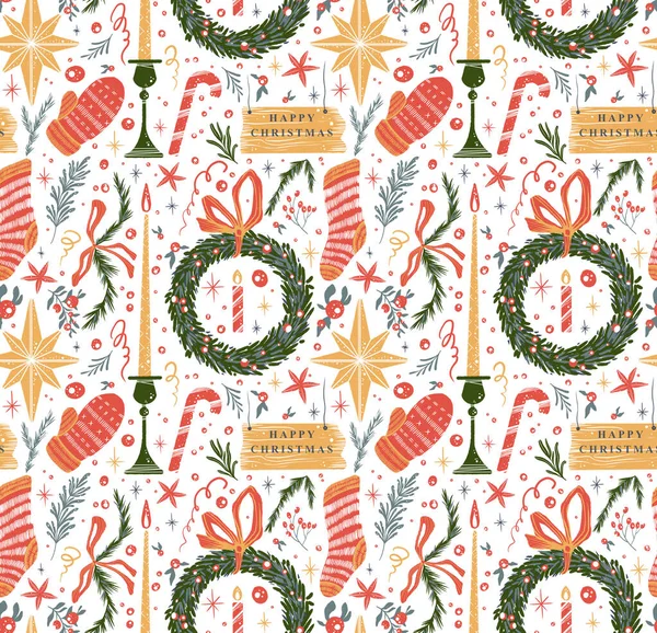 New year decorative elements in cartoon flat style illustration of wreath, star, sock, candle, mitten red berries, candy cane isolated on white background. Watercolor Christmas winter seamless pattern — Stock Photo, Image