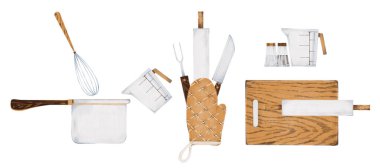 Mutfak aletleriyle suluboya çizimi. Mutfak eşyaları koleksiyonu beyaz arkaplanda izole edildi. Mutfak aletleri, çatal bıçak takımı, düz tasarım. Tahta elementler.