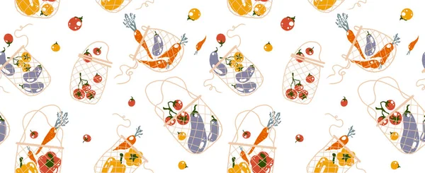 Никакой пластиковой концепции. Бесшовный рисунок с плоским рисунком в стиле мультфильма иллюстрация сетки эко-мешки, овощи изолированы на белом фоне. Свежие вегетарианские органические продукты — стоковое фото