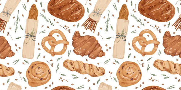 Aquarel platte cartoon stijl bakkerij naadloos patroon met illustratie van bakkerij product geïsoleerd op witte achtergrond. Bakkerij winkel ontwerp. Biologisch brood, stokbrood, pecan, croissant, broodje, pretzel — Stockfoto