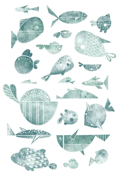 Big set of illustrations of flat style fish with doodle isolated on white background. Stylized artistic collection of turquoise fish for pattern, card, poster, wrapping. — Stock Photo, Image