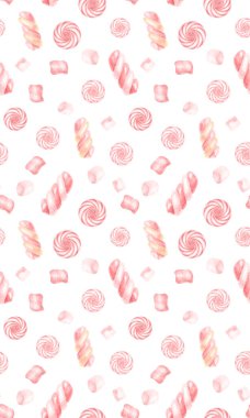 Suluboya el, Sevgililer Günü için elementlerle pembe ve altın renkli şekersiz desenler çizdi. Çizgili şekerler, şekerler, lolipoplar, beyaz arka planda izole edilmiş şekerlemeler..