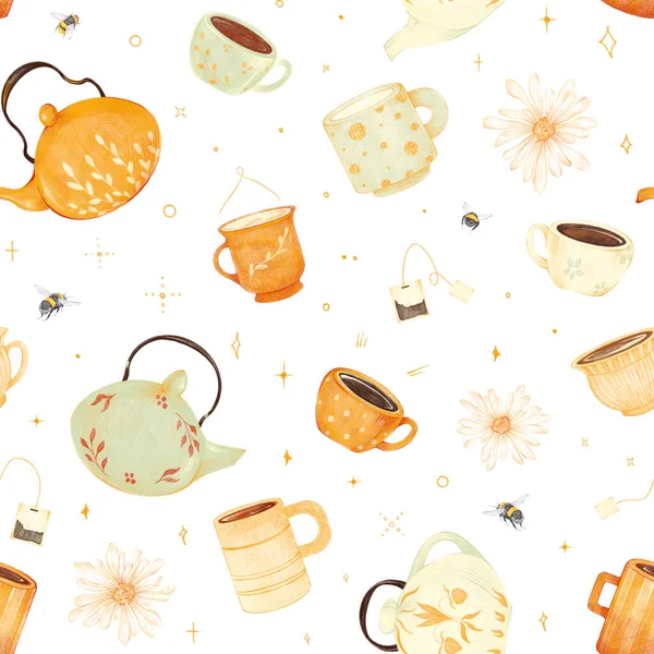 Watercolor hand drawn cute vintage tea coffee, milk seamless pattern with illustration of vintage teapot, cup, mug, bumblebee, tea bag, doodle elements isolated on white background. Magic breakfast. — Stockfoto