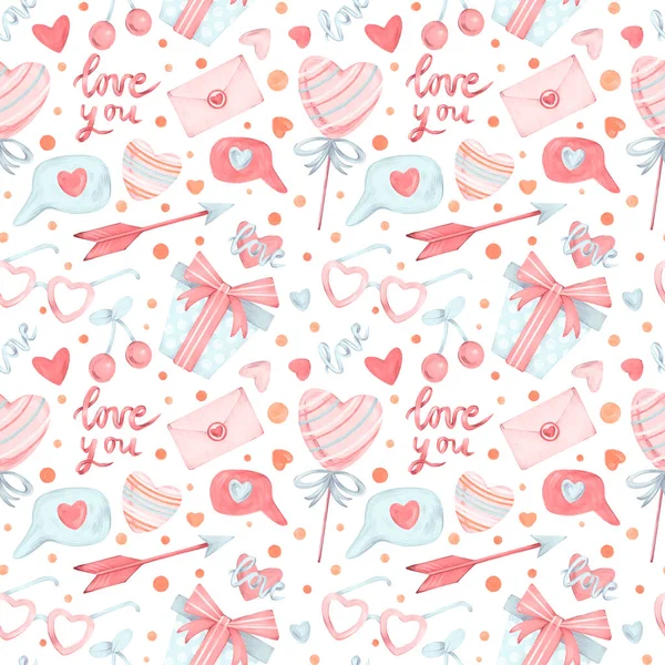 Watercolor hand drawn Valentines day seamless pattern with items in flat cartoon style. Elements - illustration of sweets, hearts, bows, doodles, arrow, letter and gifts isolated on white background. — Stock Fotó