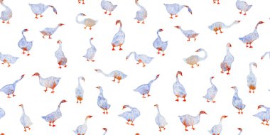 Handmade watercolor seamless pattern geese swan isolated on the white background. Colorful background for fabric, wallpapers, gift wrapping paper, scrapbooking. Design for kids.