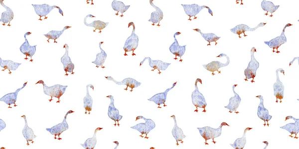 Handmade watercolor seamless pattern geese swan isolated on the white background. Colorful background for fabric, wallpapers, gift wrapping paper, scrapbooking. Design for kids. — Stock Photo, Image