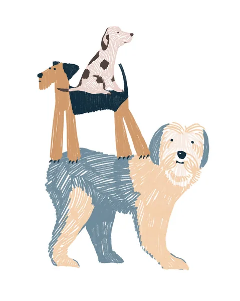 Ilustración infantil dibujada a mano con tres perros parados uno encima del otro en estilo de dibujos animados planos escandinavos aislados sobre fondo blanco. Tarjeta postal gráfica para perros. Bobtail. Animales lindos perros — Foto de Stock