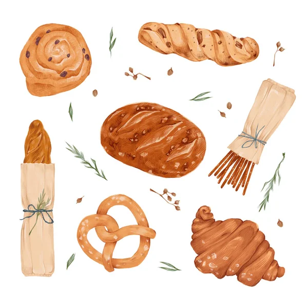 Aquarel platte cartoon stijl bakkerij set met illustratie van bakkerij product geïsoleerd op witte achtergrond. Bakkerij winkel ontwerp. Natuurlijk biologisch brood, stokbrood, pecan, croissant, broodje, pretzel — Stockfoto