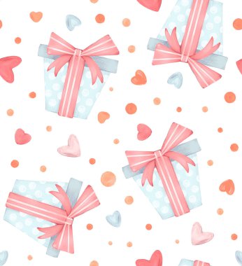 Suluboya el sevgililer günü romantik desenli şirin hediye kutusu, hediyeler, kalpler, aşk, beyaz arka planda izole çizgi film tarzında karalamalar..