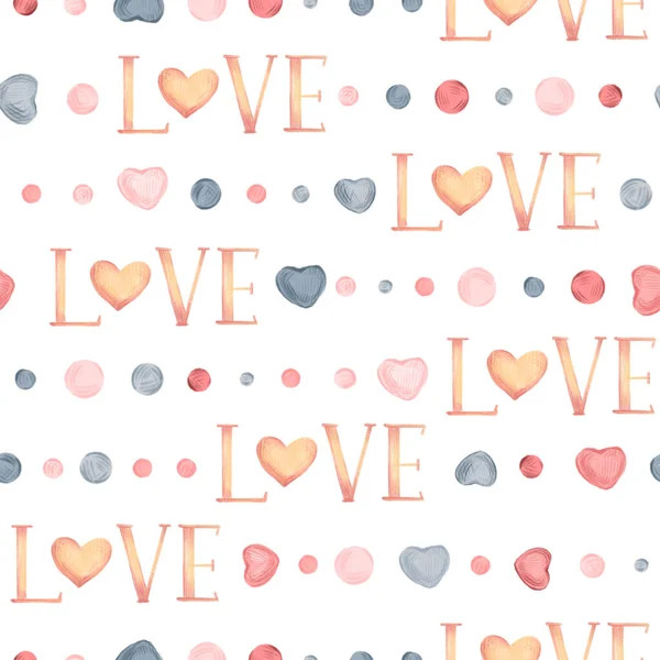 Watercolor hand drawn Valentines day seamless pattern with items in flat cartoon style. Horizontal lines with elements of lettering love, hearts doodles isolated on white background. — Stock Photo, Image