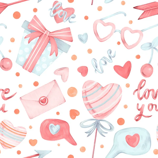 Aquarel met de hand getekend Valentijnsdag naadloos patroon met items in platte cartoon stijl. Elementen snoep, harten, strikken, doodles, pijl, brief en geschenken geïsoleerd op witte achtergrond. — Stockfoto