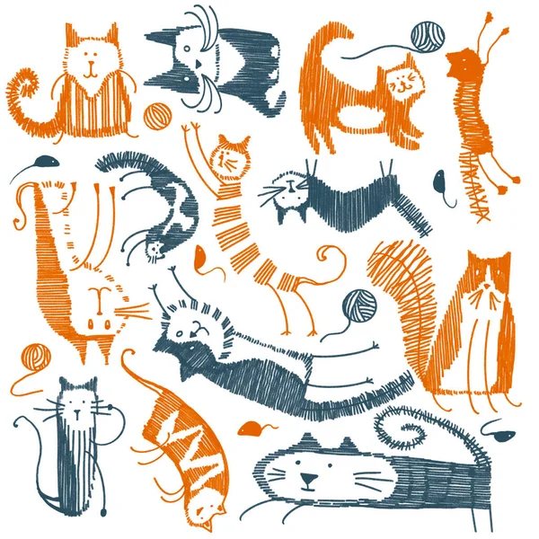 Hand drawn childish simple set with cats, mouse, skein of thread in Scandinavian flat cartoon style isolated on white background. Hatch graphic animals collection — Stock Photo, Image