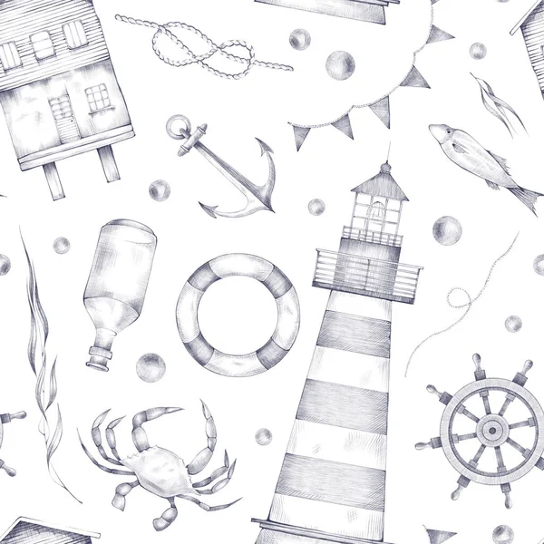 Vintage monochrome nautical seamless pattern with lighthouse, bottle, anchor, lifebuoy, wheel, seagull, crab, fish, flag, rope, pearl, knot and water plant. Pattern isolated on white background. — Stock Photo, Image