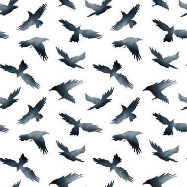 Farklı kuş pozisyonları koleksiyonu. Suluboya el, beyaz arka planda siluet oluşturulmuş karga sürüsü ve kuzgun kuşlarının resimleriyle kusursuz bir desen çizdi. Koyu mavi, siyah eğim.