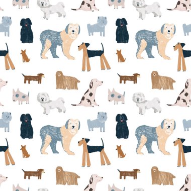 İskandinav düz çizgi filminde beyaz arka planda izole edilmiş köpeklerle el çizimi, çocukça basit, pürüzsüz bir desen. Çocuklar için hazırlanmış karalama köpekleri. Sevimli köpek baskısı..