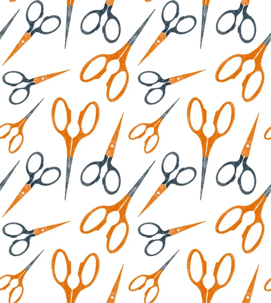 Seamstress seamless pattern with illustration of watercolor retro sewing tools. Sewing kit, accessories for sewing isolated on white background. Scissors. Flat cartoon style — Zdjęcie stockowe