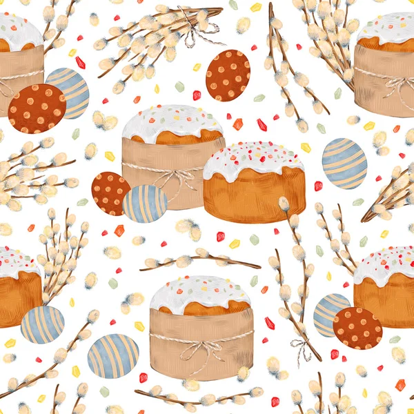 Watercolor hand drawn seamless pattern with illustration of Easter cakes, icing-sugar, colored eggs, pussy-willow twigs isolated on white background. Spring holiday collection in flat cartoon style. — Stockfoto