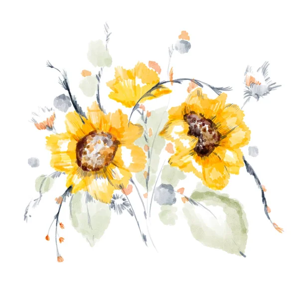 8 de marzo. Día Internacional de la Mujer. Vacaciones de primavera. Acuarela dibujada a mano con ilustración de flores de ramo girasol amarillo, flores silvestres, hojas aisladas sobre fondo blanco. —  Fotos de Stock