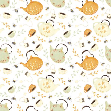 Kettle, çay poşeti, kupa, arı ve dal örnekleriyle suluboya çay modu beyaz arka planda izole edilmiş kumaş, kağıt, tekstil, hediye paketi. Çaydanlık, kahvaltı..