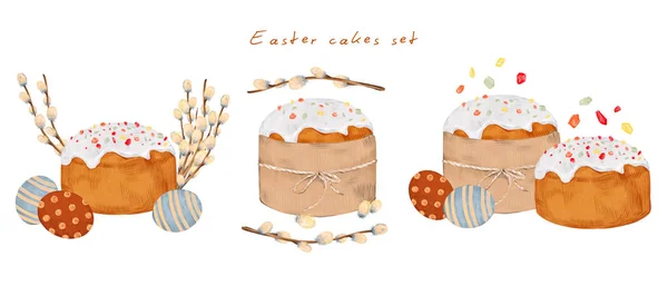 Watercolor hand drawn set with illustration of Easter cakes, icing-sugar, colored eggs, pussy-willow twigs isolated on white background. Spring holiday collection in flat cartoon style. — Stock Fotó
