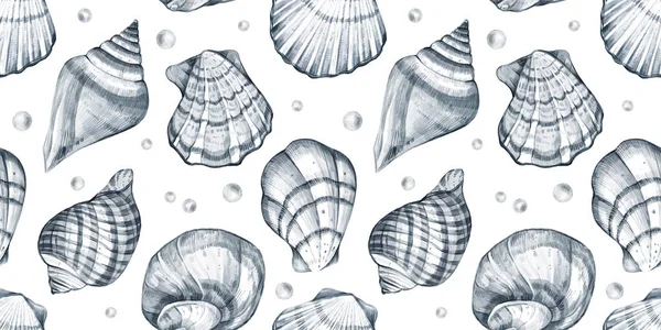 Watercolor hand drawn nautical seamless pattern with illustration of seashells, air bubbles isolated on white background. Graphic details. Marine blue underwater elements design. Print — Stock Photo, Image