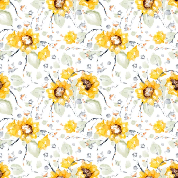 3 월 8 일. 국제 여성의 날. 봄 방학이야. 손으로 그린 물감 이 없는 꽃무늬와 노란 해바라기, 야생 꽃, 흰 배경에 따로 떨어져 있는 나뭇잎의 그림. — 스톡 사진
