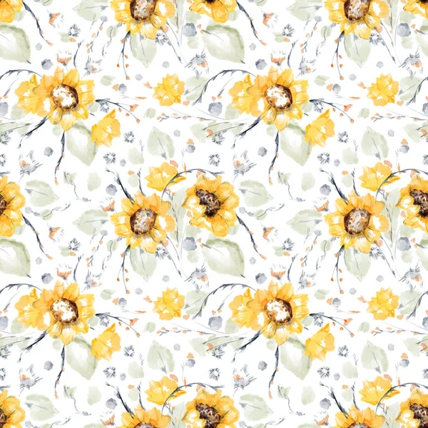 8 March. International Womens Day. Spring holiday. Watercolor hand drawn floral seamless pattern with illustration of flowers yellow sunflower, wild flowers, leaves isolated on white background.