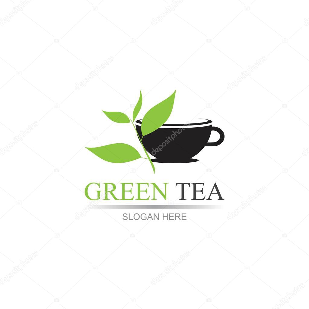 Leaf shoots green organic tea mug leaf logo symbol design ide