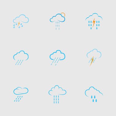 Gri arkaplanda bulut ve yağmur simgesi vektörü kümesi 