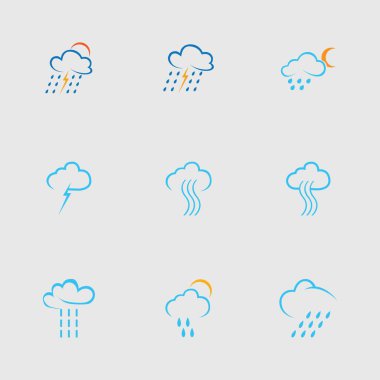 Gri arkaplanda bulut ve yağmur simgesi vektörü kümesi 