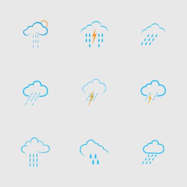 Gri arkaplanda bulut ve yağmur simgesi vektörü kümesi 