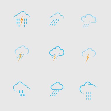 Gri arkaplanda bulut ve yağmur simgesi vektörü kümesi 