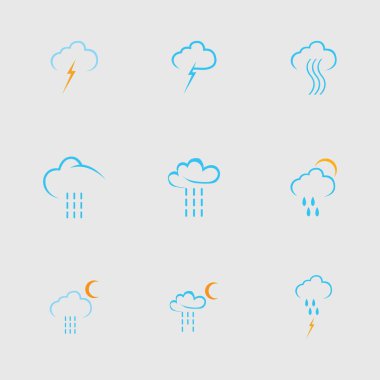 Gri arkaplanda bulut ve yağmur simgesi vektörü kümesi 