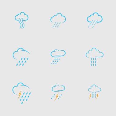 Gri arkaplanda bulut ve yağmur simgesi vektörü kümesi 