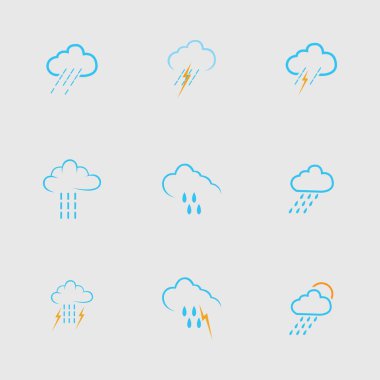 Gri arkaplanda bulut ve yağmur simgesi vektörü kümesi 