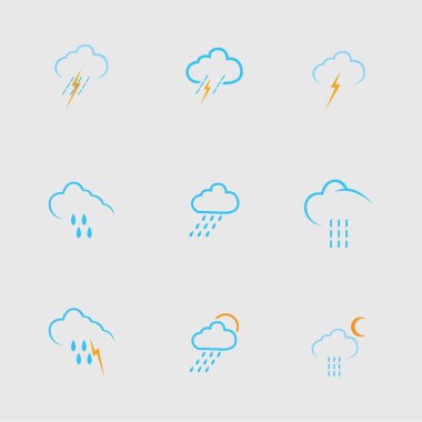 Gri arkaplanda bulut ve yağmur simgesi vektörü kümesi 