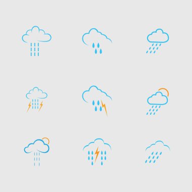 Gri arkaplanda bulut ve yağmur simgesi vektörü kümesi 