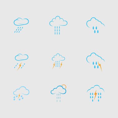 Gri arkaplanda bulut ve yağmur simgesi vektörü kümesi 