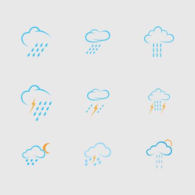 Gri arkaplanda bulut ve yağmur simgesi vektörü kümesi 