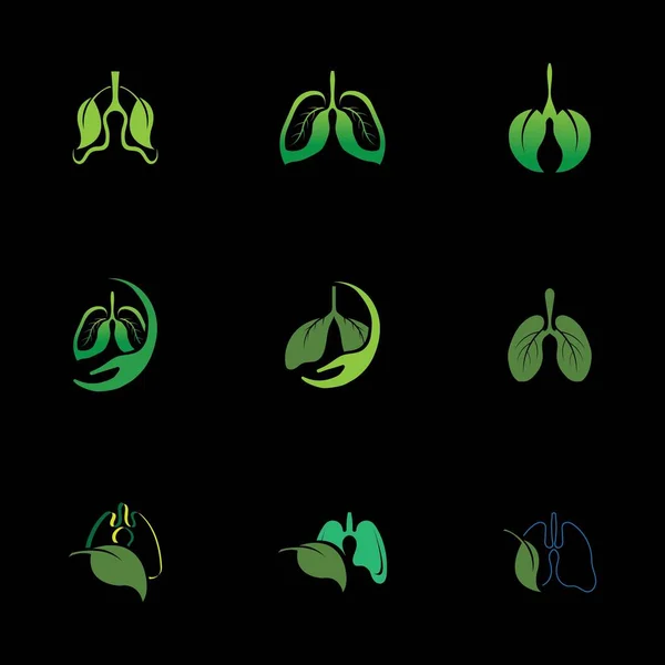 Zestaw Zielonych Płuc Logo Zdrowia Ilustracja Wzór Projektu Czarnym Tle — Wektor stockowy