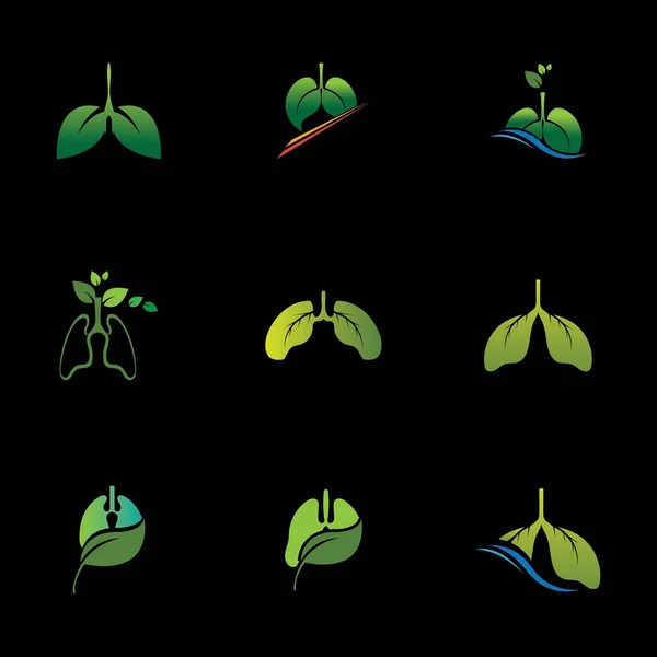 Conjunto Lungs Verde Salud Logotipo Ilustración Plantilla Diseño Fondo Negro — Vector de stock