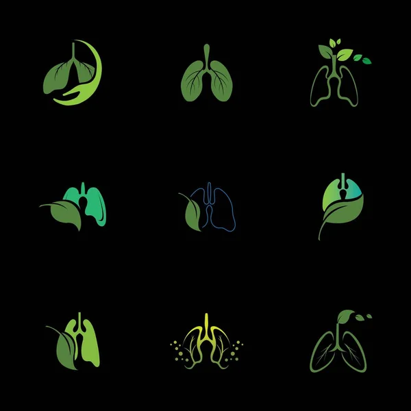Zestaw Zielonych Płuc Logo Zdrowia Ilustracja Wzór Projektu Czarnym Tle — Wektor stockowy