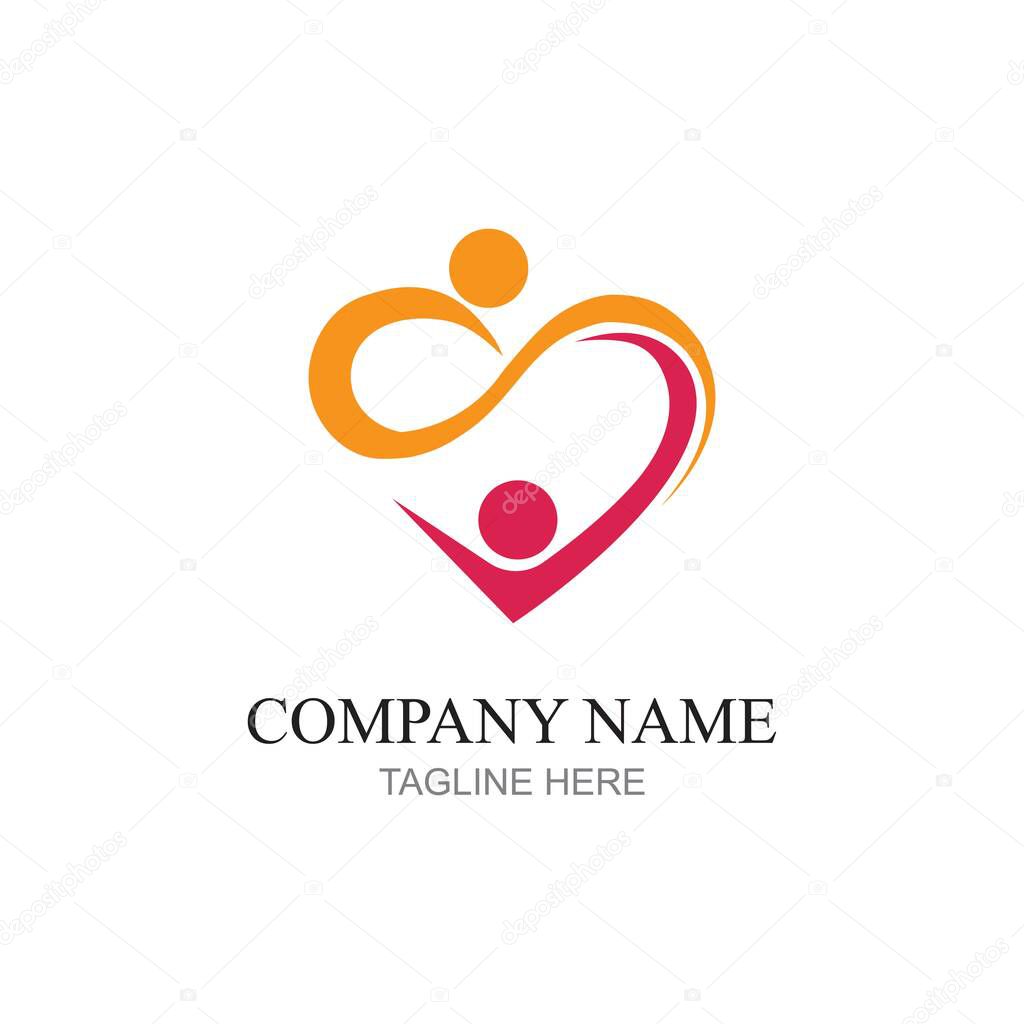 Heart logo and people design, Charity and support vector concept, love and happy life vector illustration.