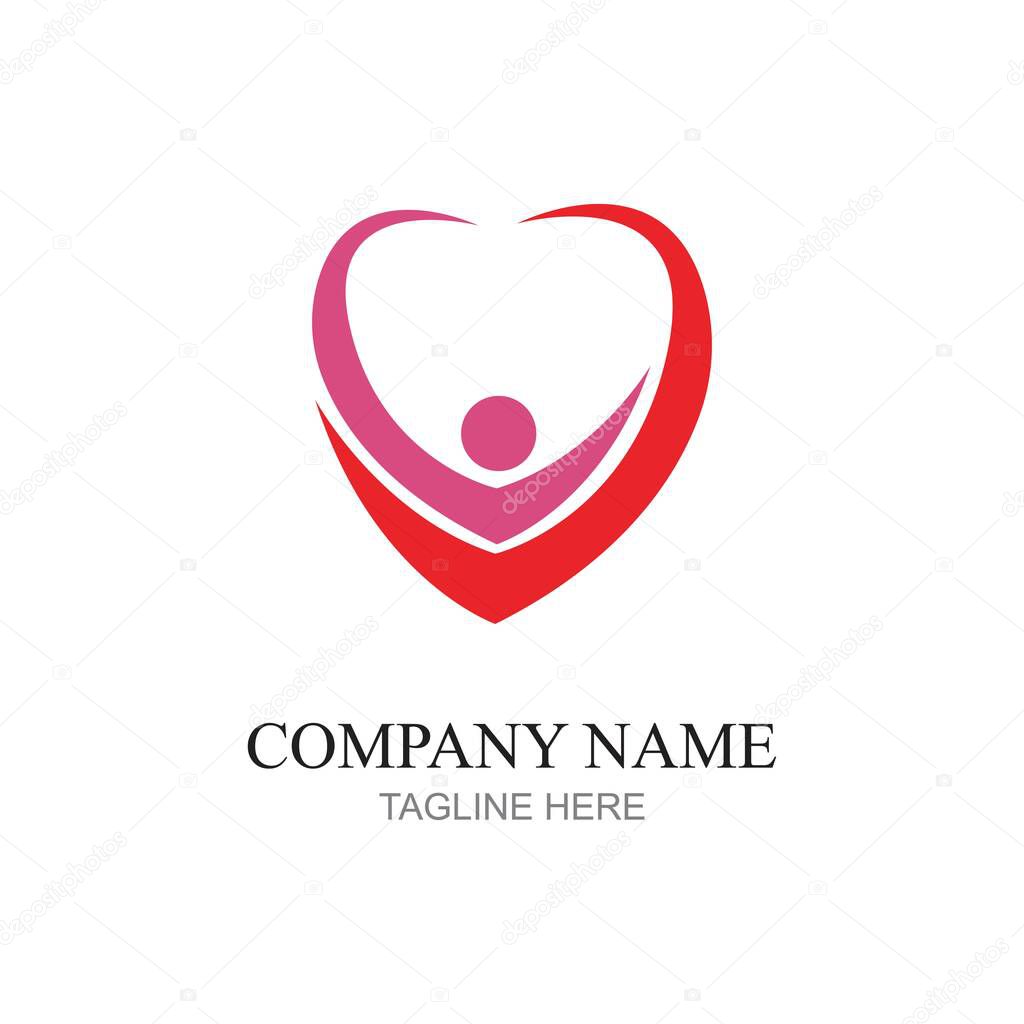 Heart logo and people design, Charity and support vector concept, love and happy life vector illustration.