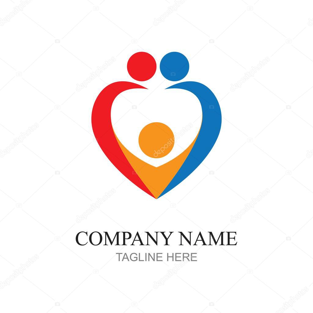 Heart logo and people design, Charity and support vector concept, love and happy life vector illustration.