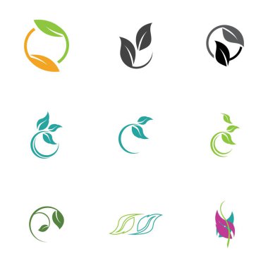 Yaprak simgesi vektörü beyaz arkaplanda izole edildi. Ağaçların ve bitkilerin çeşitli yeşil yaprakları. Eko ve biyologo elementleri